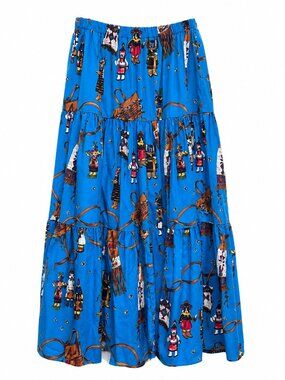 Ali Miles Women's Southwestern Kokopelli Tiered Maxi Skirt Blue Elastic Waist Si